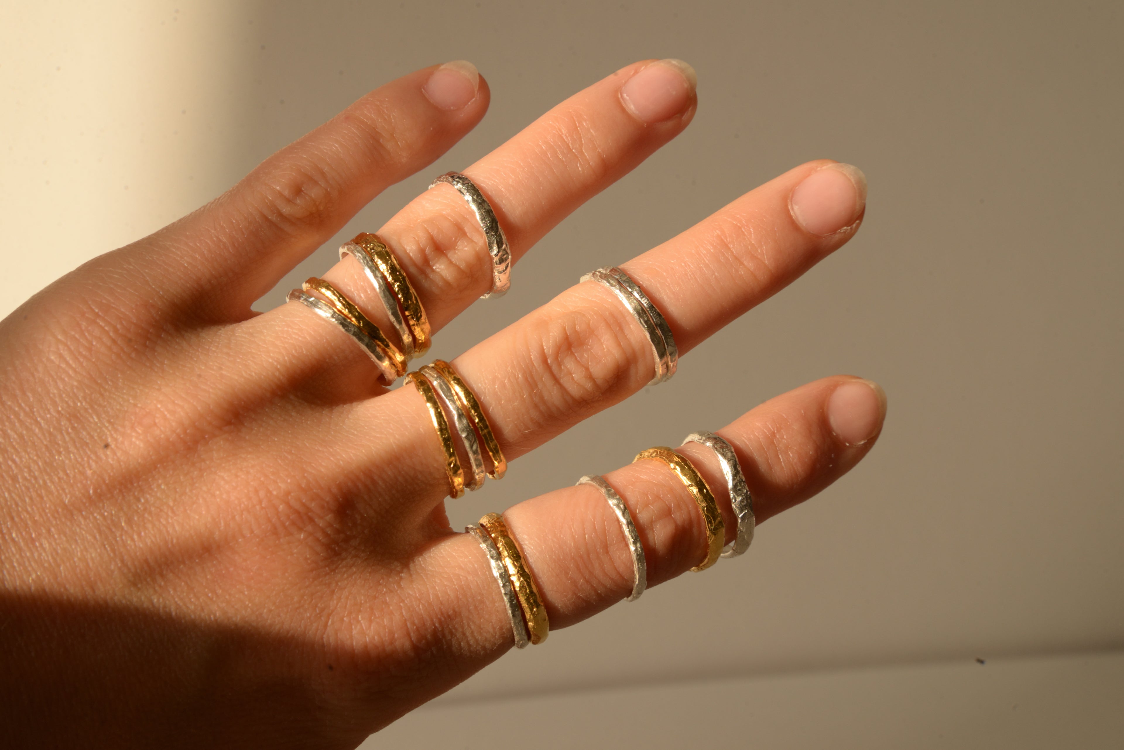 mix 18kt gold plated silver rings with texture