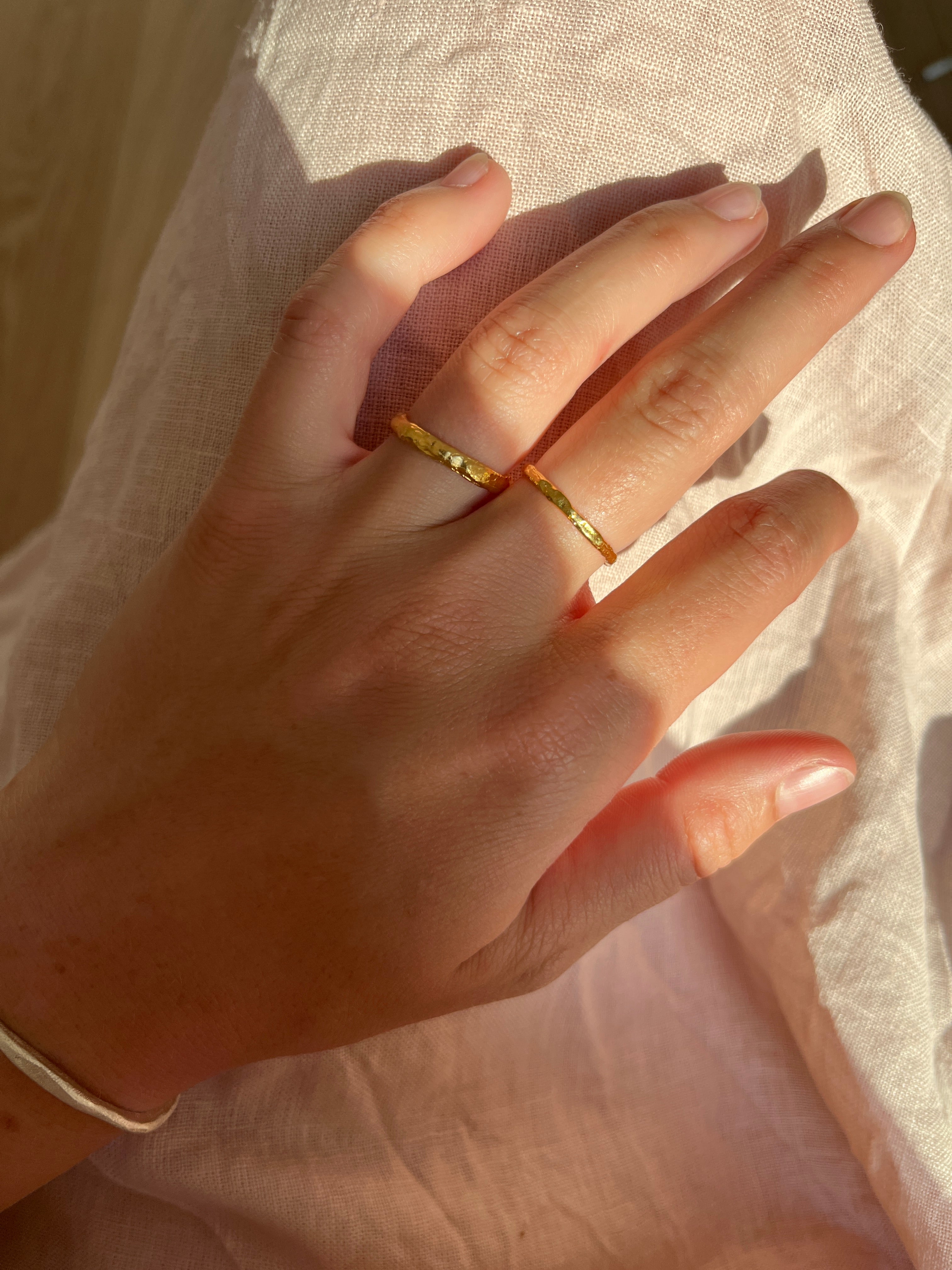 wearing 18kt gold plated silver rings with texture